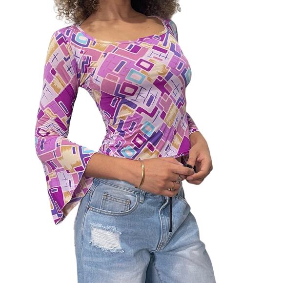 Made in France - Vintage 00s purple geometric print flared sleeve blouse (XS/S) - Picture 1 of 8